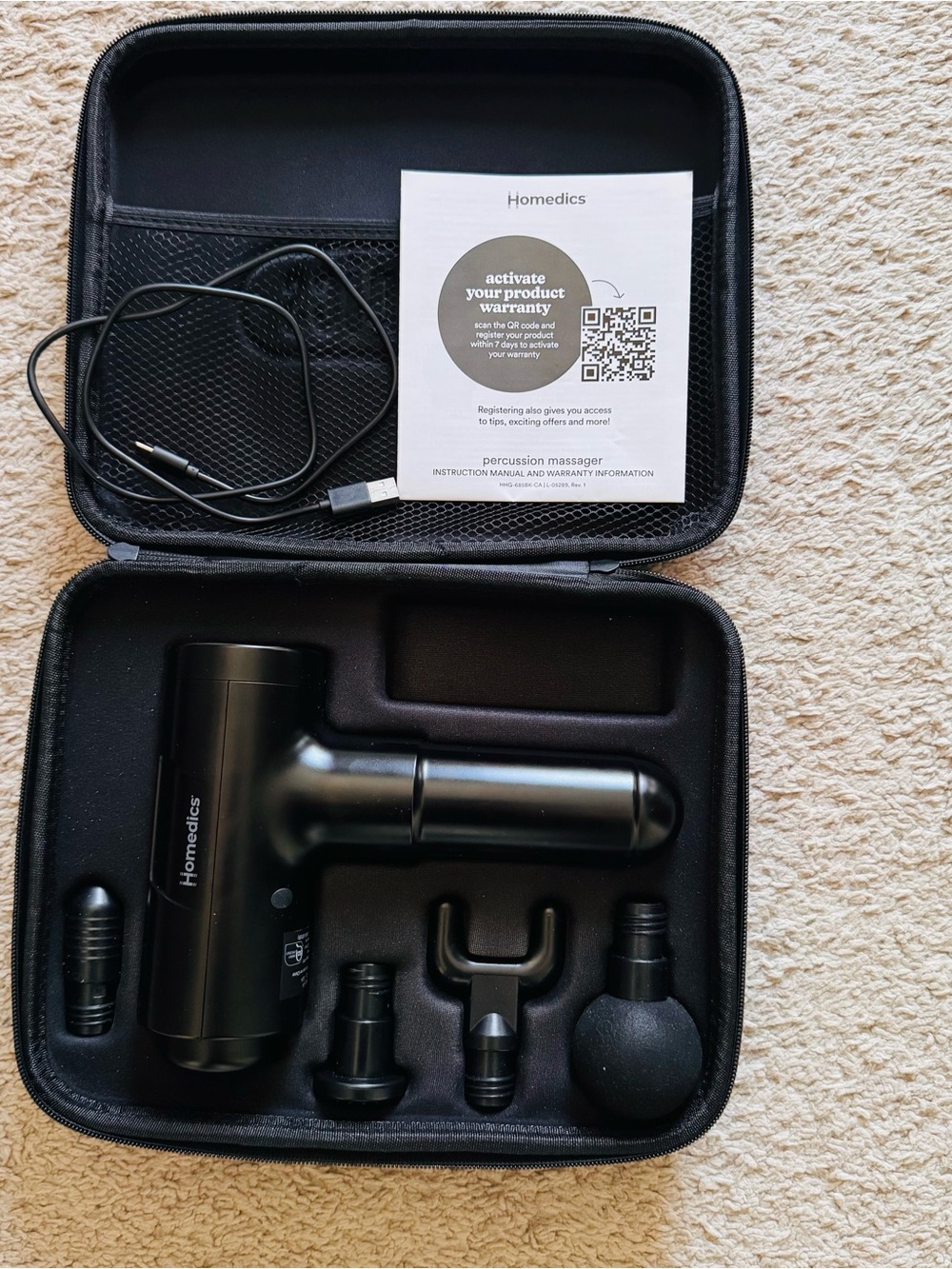 Homedics Black Percussion Massage Gun Kit with Case and Attachments